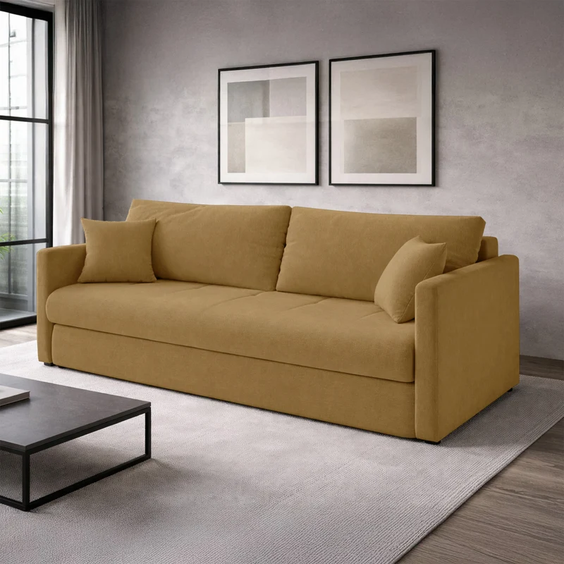 Dreisitziges ausklappbares Sofa Lorro mit Stauraum, senfgelber Chenillestoff