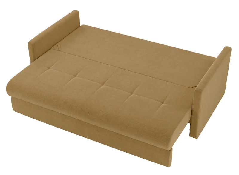 Dreisitziges ausklappbares Sofa Lorro mit Stauraum, senfgelber Chenillestoff