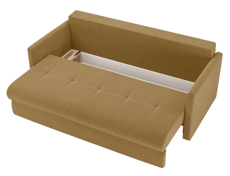 Dreisitziges ausklappbares Sofa Lorro mit Stauraum, senfgelber Chenillestoff