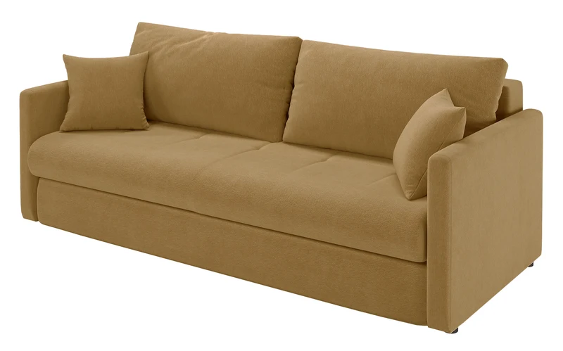 Dreisitziges ausklappbares Sofa Lorro mit Stauraum, senfgelber Chenillestoff