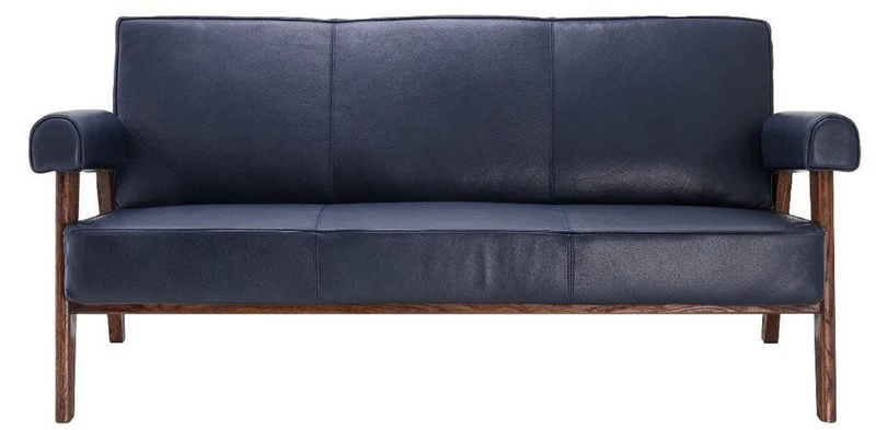 Casa Padrino Luxus Echtleder Sofa Blau / Braun 160 x 78 x H. 74 cm - Wohnzimmer Sofa mit edlem Büffelleder - Wohnzimmer Möbel - Luxus Kollektion