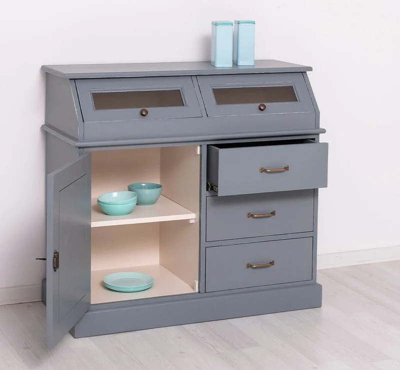 Schmales Sideboard aus Massivholz mit Kippfächern | Geschirrschrank mit Display