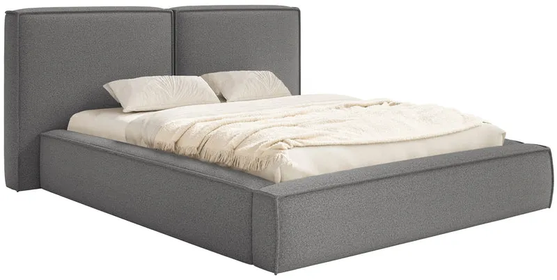 Polsterbett 140x200 cm Tilves mit Stauraum, Metallrahmen, dunkelgrauer Bouclé-Stoff