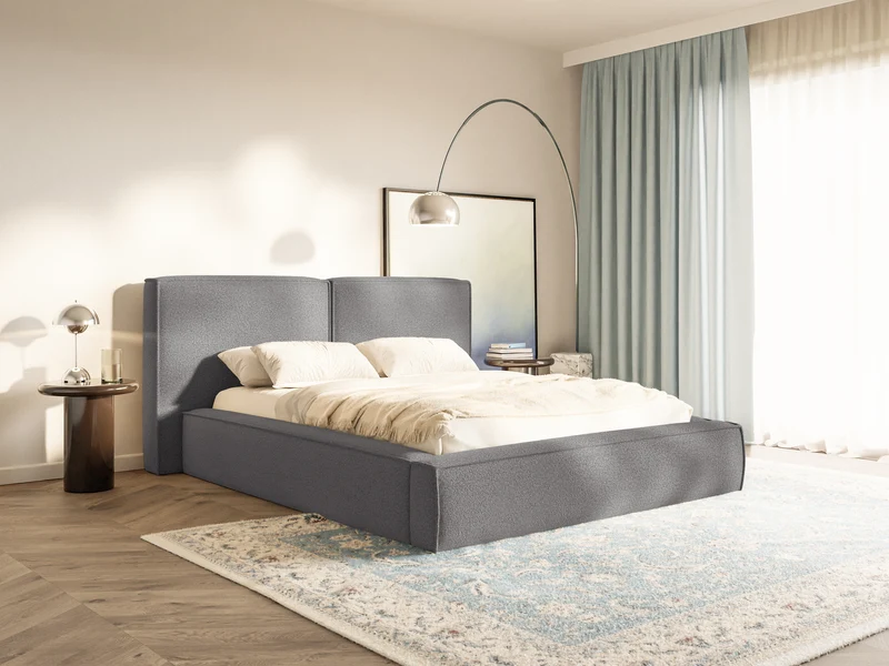Polsterbett 140x200 cm Tilves mit Stauraum, Metallrahmen, dunkelgrauer Bouclé-Stoff