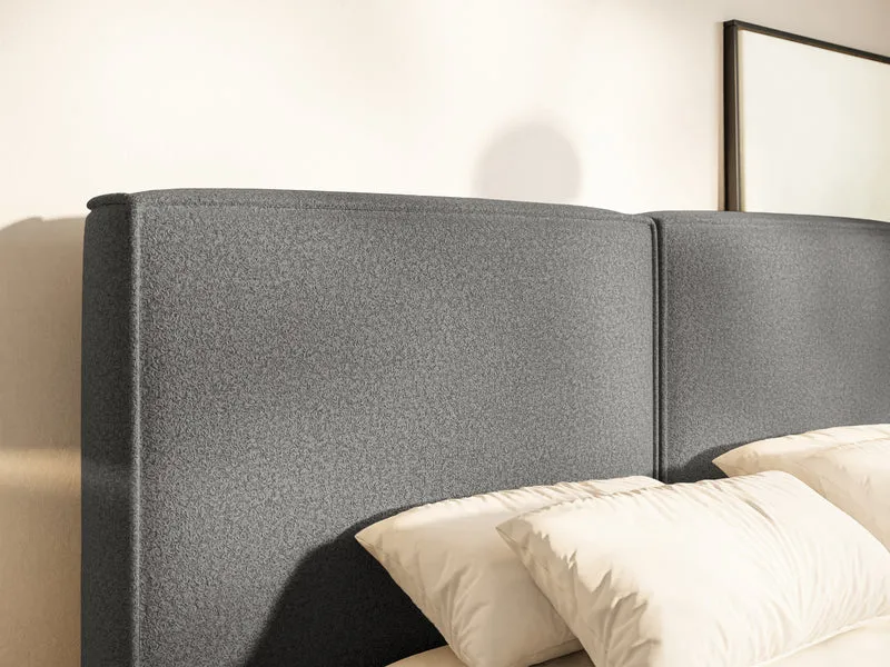 Polsterbett 140x200 cm Tilves mit Stauraum, Metallrahmen, dunkelgrauer Bouclé-Stoff
