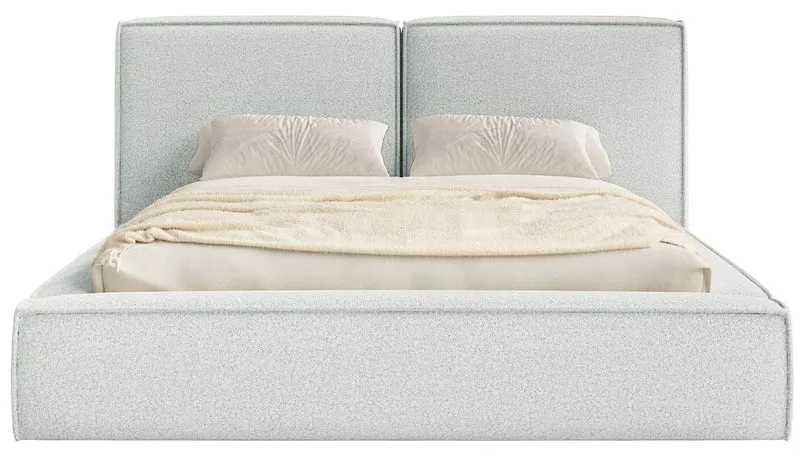 Polsterbett 140x200 cm Tilves mit Stauraum, Metallrahmen, hellgrauer Bouclé-Stoff