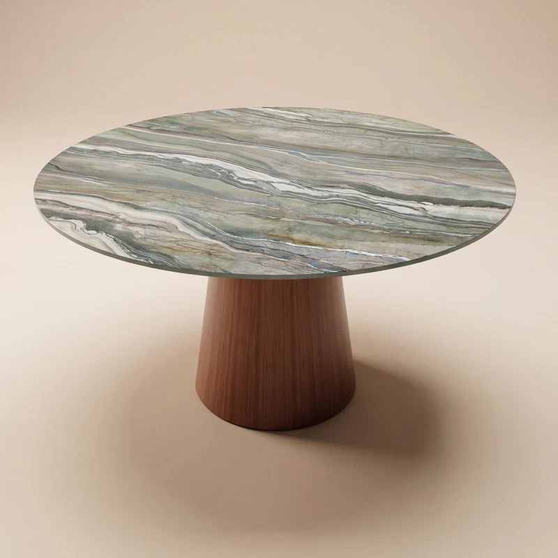Keramiek Royal Peacock eettafel - Rond - Cone onderstel eiken
