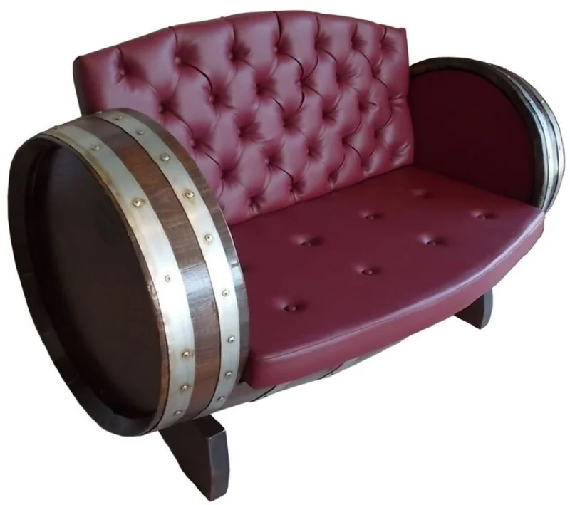 Casa Padrino Luxus Fass Sofa Bordeauxrot / Braun / Silber 160 x 65 x H. 85 cm - Gepolstertes Massivholz Weinfass Sofa - Garten Terrassen Gastronomie Möbel