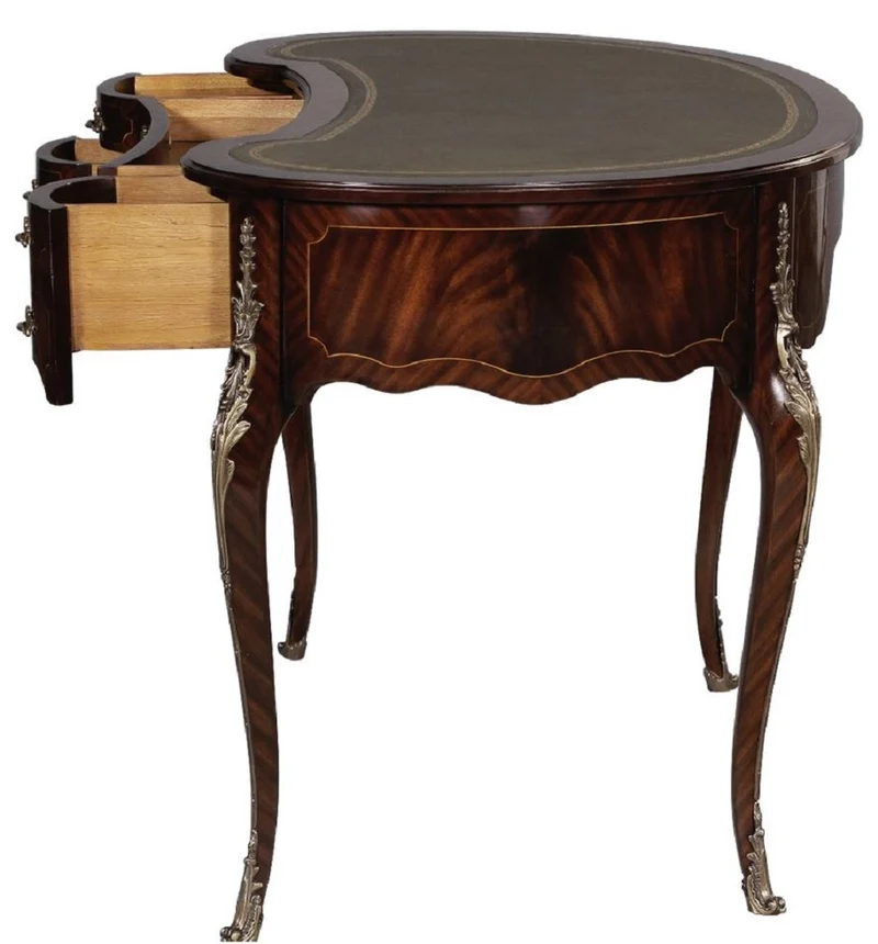 Casa Padrino Luxus Barock Schreibtisch Dunkelbraun / Silber / Grau / Gold - Handgefertigter Mahagoni Schreibtisch mit 5 Schubladen - Edle Barock Büro Möbel