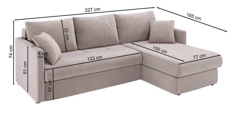 Ecksofa mit Schlaffunktion Lorro, L-förmig, universell mit zwei Stauraumfächern, graphitfarbener Chenillestoff