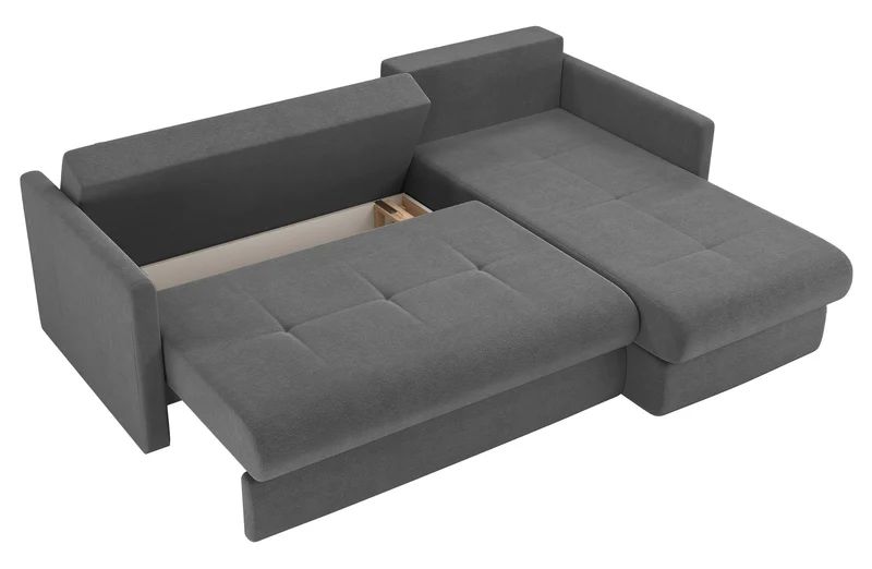 Ecksofa mit Schlaffunktion Lorro, L-förmig, universell mit zwei Stauraumfächern, grauer Chenillestoff