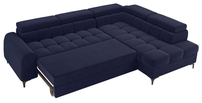 Ecksofa mit Schlaffunktion Arellio, L-förmig, rechtsseitig, mit Stauraum, marineblauer Chenille-Stoff