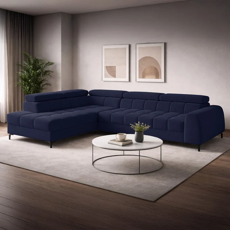 Ecksofa mit Schlafunktion Arellio, L-förmig, linksseitig, mit Stauraum, marineblauer Chenille-Stoff