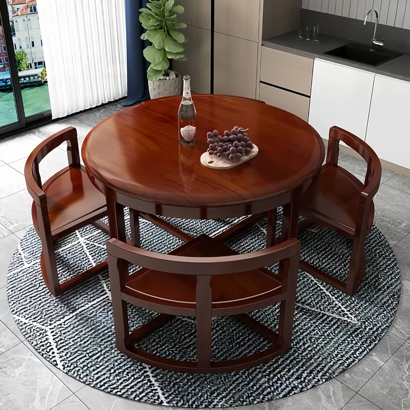 Rundes Essgruppen-Set aus Massivholz mit 4 Stühlen, bestehend aus einem Tisch und einem Satztisch.