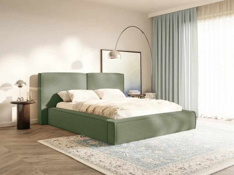 Polsterbett 180x200 cm Tilves mit Stauraum, Metallrahmen, olivgrünes Bouclé
