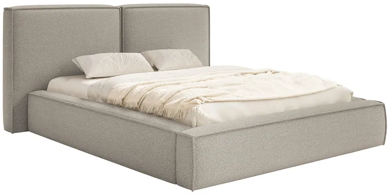 Gepolstertes Bett 160x200 cm Tilves mit Stauraum, Metallrahmen, grau-braunes Bouclé