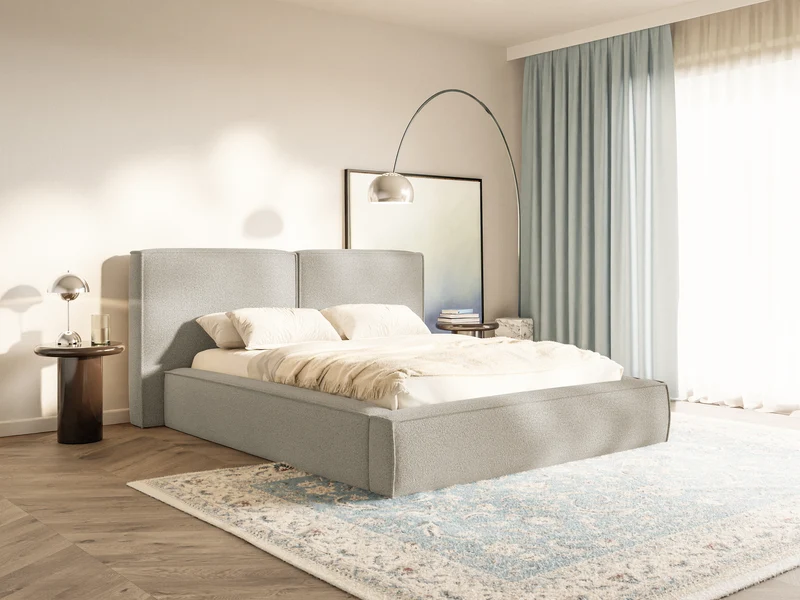 Gepolstertes Bett 160x200 cm Tilves mit Stauraum, Metallrahmen, grau-braunes Bouclé