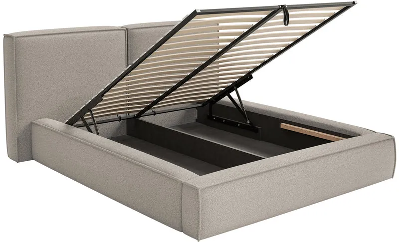 Gepolstertes Bett 160x200 cm Tilves mit Stauraum, Metallrahmen, grau-braunes Bouclé