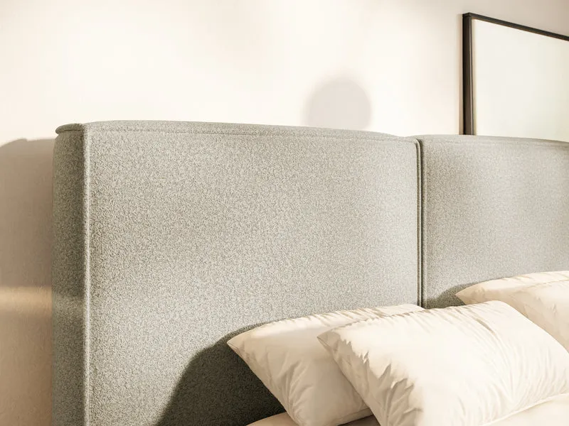 Gepolstertes Bett 160x200 cm Tilves mit Stauraum, Metallrahmen, grau-braunes Bouclé