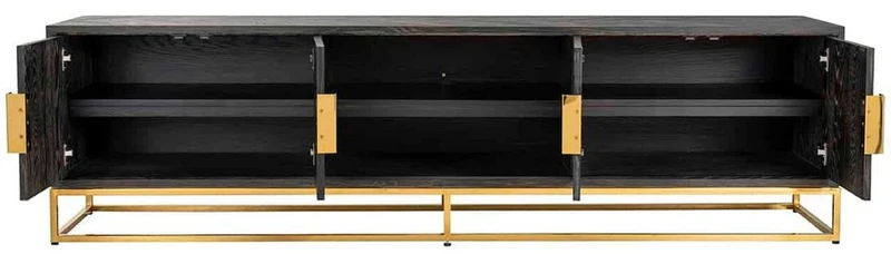 Casa Padrino Luxus TV Schrank Schwarz / Gold 220 x 42,5 x H. 60 cm - Massivholz Sideboard mit 4 Türen - Wohnzimmer Möbel - Hotel Möbel - Luxus Kollektion