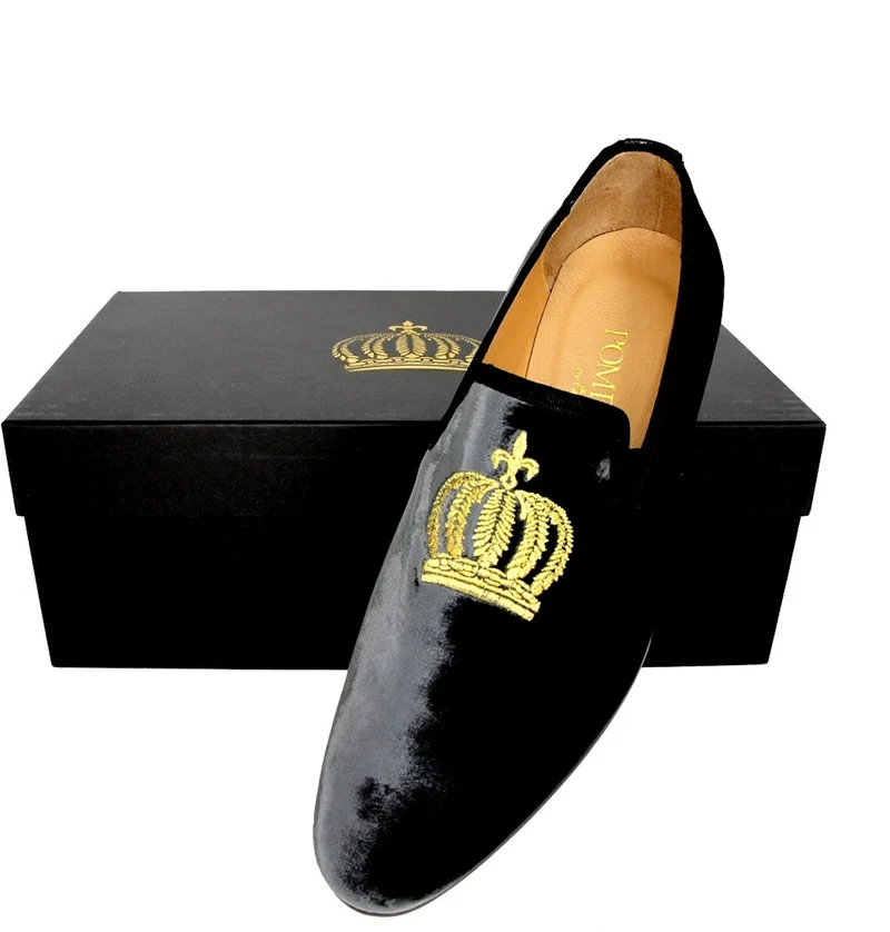 Pompöös by Casa Padrino Luxus Samt Slipper mit Krone Silber Anthrazit / Gold - Verschiedene Schuhgrößen - designed by Harald Glööckler