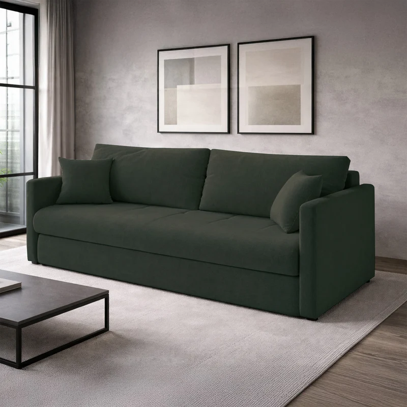 Dreisitziges ausklappbares Sofa Lorro mit Stauraum, dunkelgrüner Chenille-Bezug