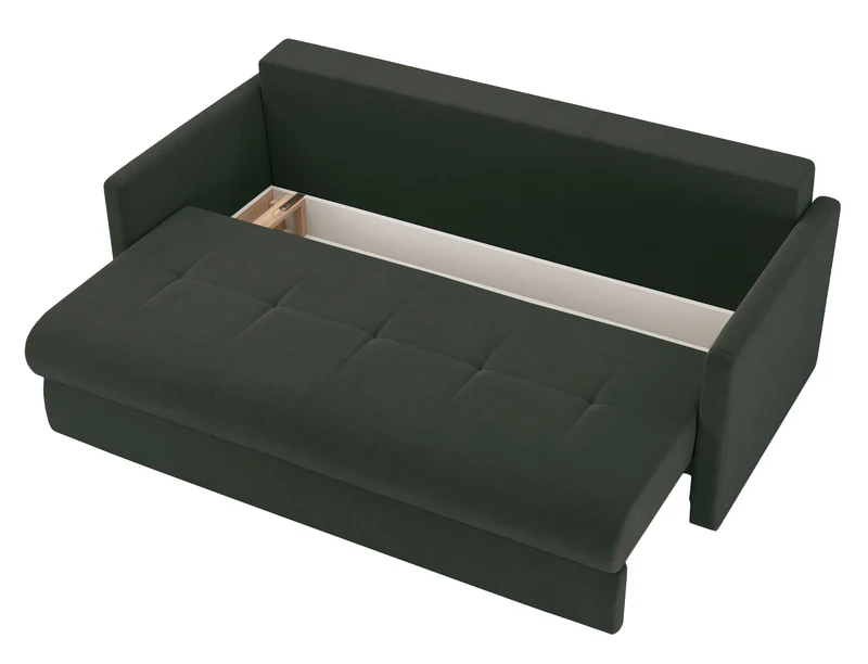 Dreisitziges ausklappbares Sofa Lorro mit Stauraum, dunkelgrüner Chenille-Bezug