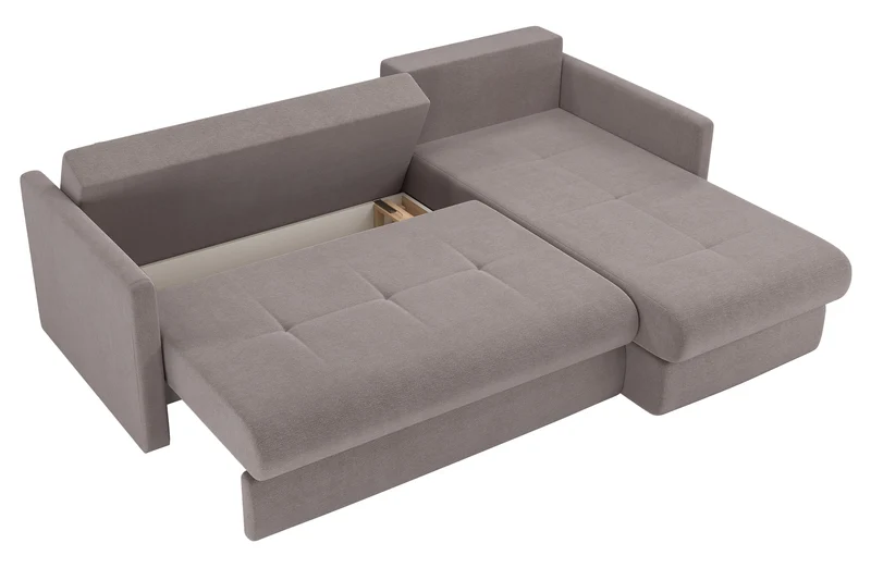 Ecksofa mit Schlaffunktion Lorro, L-förmig, universell mit zwei Stauräumen, hellbrauner Chenille-Bezug