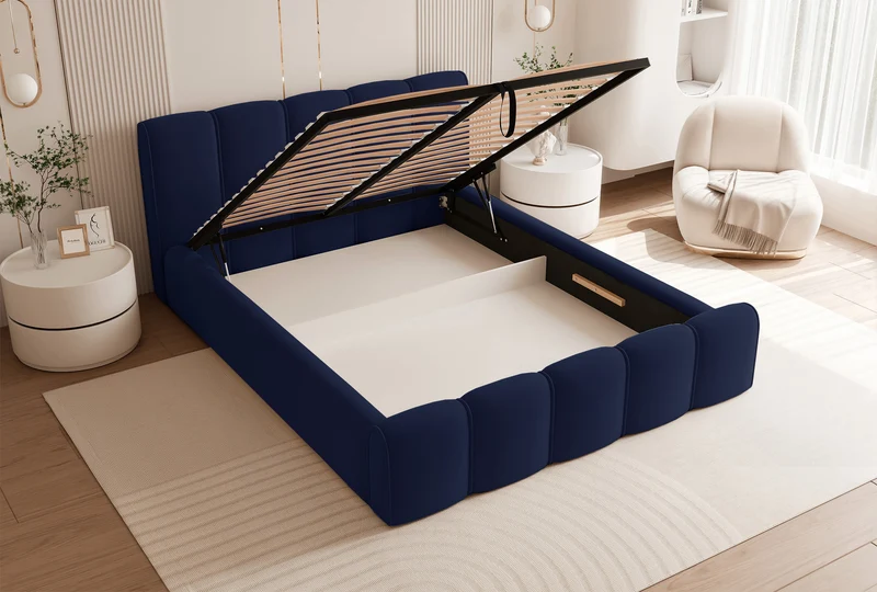 Gepolstertes Bett 160x200 cm Moenne mit Stauraum, Metallrahmen, marineblauer hydrophober Samt