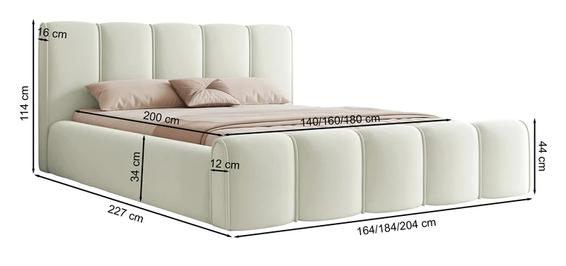 Polsterbett 140x200 cm Moenne mit Stauraum, Metallrahmen, hellgrauer Veloursstoff, wasserabweisend