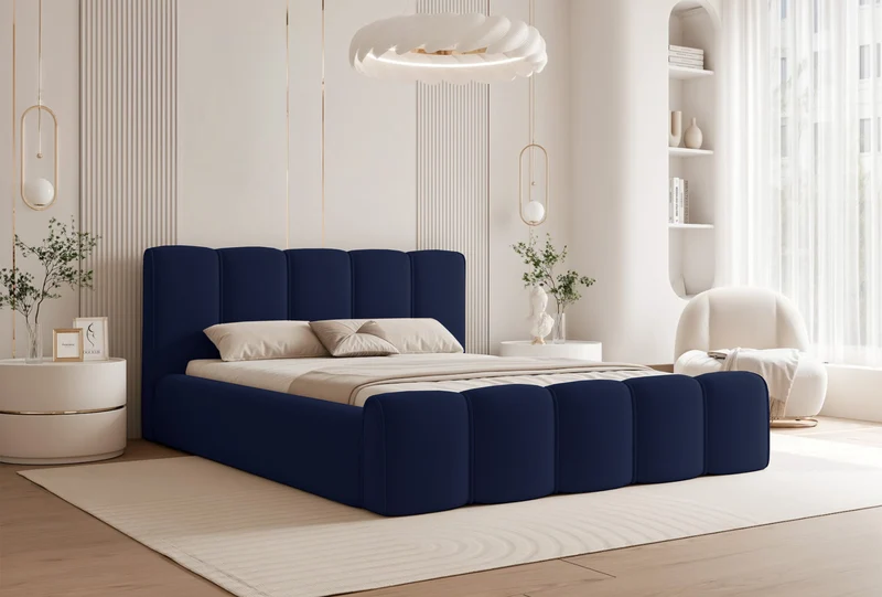 Polsterbett 180x200 cm Moenne mit Stauraum, Metallrahmen, marineblauer wasserabweisender Samt