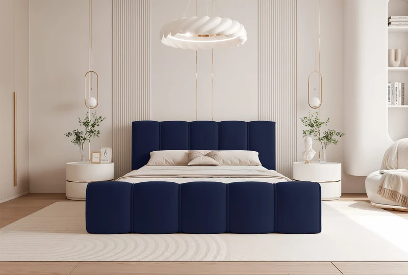 Polsterbett 180x200 cm Moenne mit Stauraum, Metallrahmen, marineblauer wasserabweisender Samt