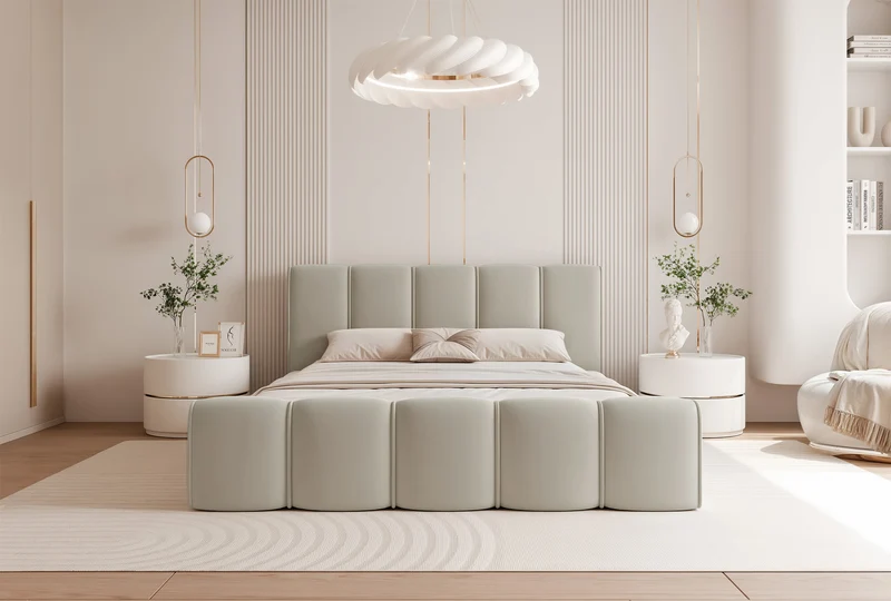 Polsterbett 180x200 cm Moenne mit Stauraum, Metallrahmen, beige Velours, wasserabweisend