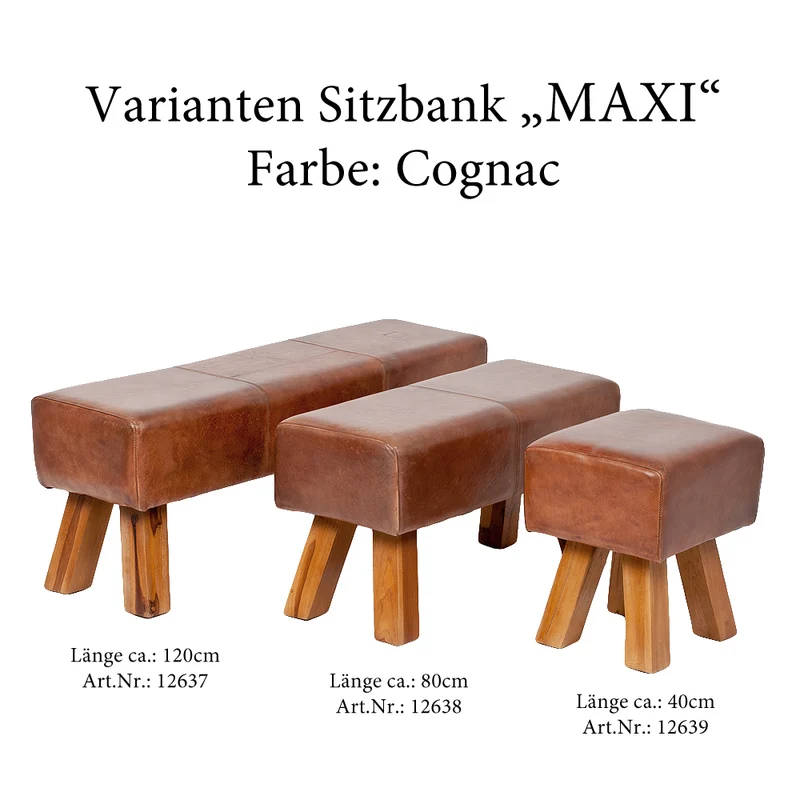 Leder Bank MAXI-M Cognac ca. L80cm Teak Sitzbank Turnbock