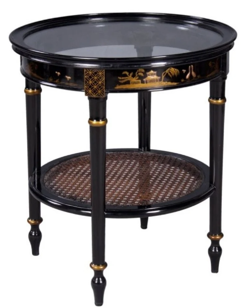 Casa Padrino Luxus Barock Beistelltisch Schwarz / Gold Ø 48 x H. 53 cm - Runder Mahagoni Beistelltisch mit Glasplatte und chinesischen Verzierungen