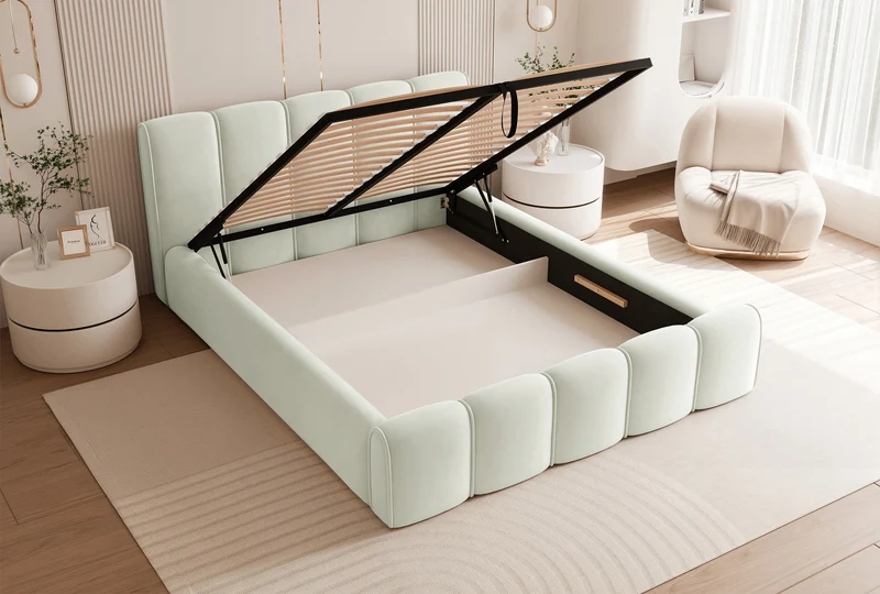 Polsterbett 160x200 cm Moenne mit Stauraum, Metallrahmen, cremefarbener Velours, wasserabweisend