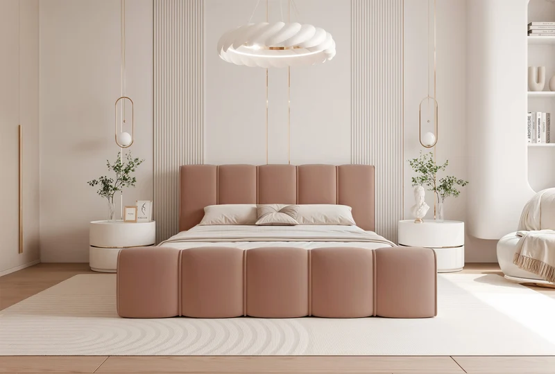 Polsterbett 180x200 cm Moenne mit Stauraum, Metallrahmen, lachsfarbener, wasserabweisender Samt