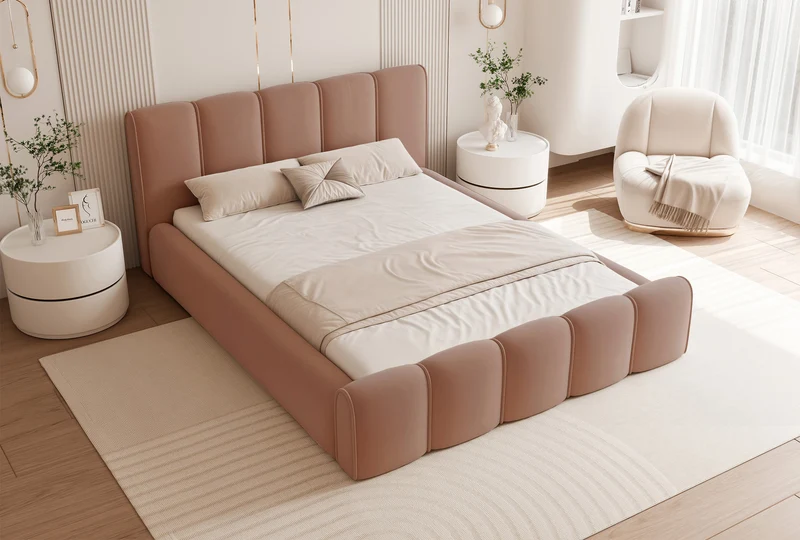 Polsterbett 180x200 cm Moenne mit Stauraum, Metallrahmen, lachsfarbener, wasserabweisender Samt