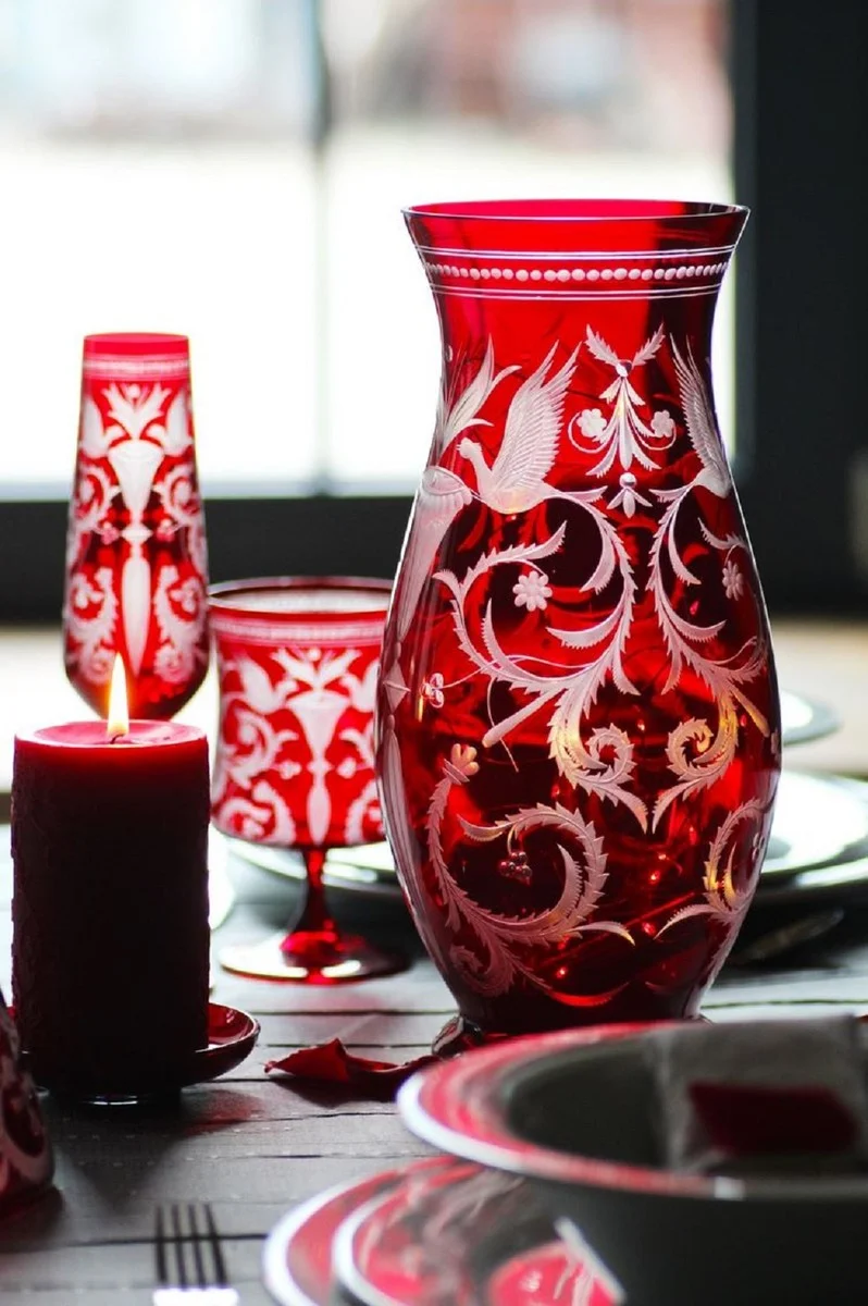 Casa Padrino Luxus Deko Glas Vase Rot / Silber Ø 14 x H. 30 cm - Handgefertigte und handgravierte Blumenvase - Hotel & Restaurant Accessoires - Luxus Qualität