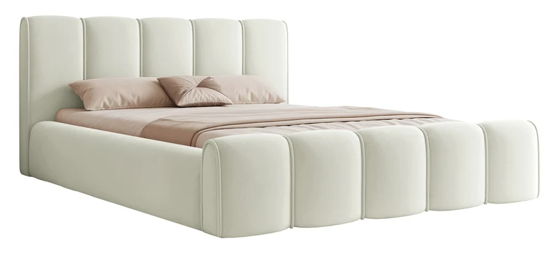 Polsterbett 140x200 cm Moenne mit Stauraum, Metallrahmen, cremefarbener hydrophober Samt