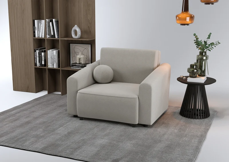 Klappbarer Sessel Stevio mit Stauraum, hellbeiger hydrophober Chenille-Stoff
