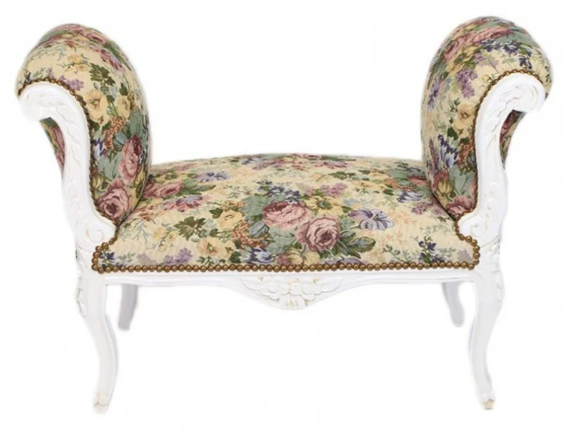 Casa Padrino Barock Schemel Hocker Blumen Muster / Antik Weiß - Sitzbank - Barock Möbel Bank B!