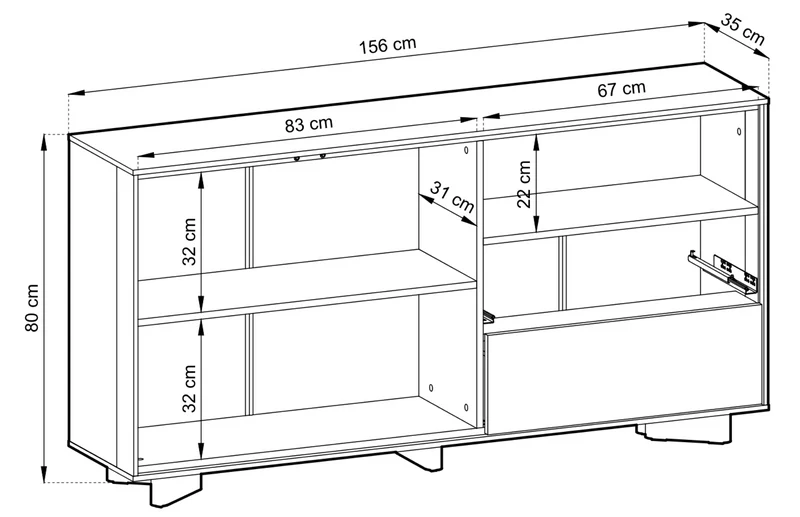 Zweiturige Kommode Distria mit Schubladen und geriffelter Front, 156 cm, Kaschmir/Vicenza-Eiche