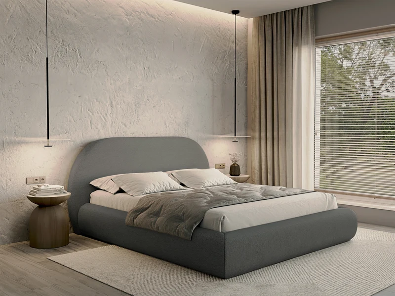 Polsterbett 180x200 cm Buvio mit Stauraum, Metallrahmen, grauer Bouclé-Bezug