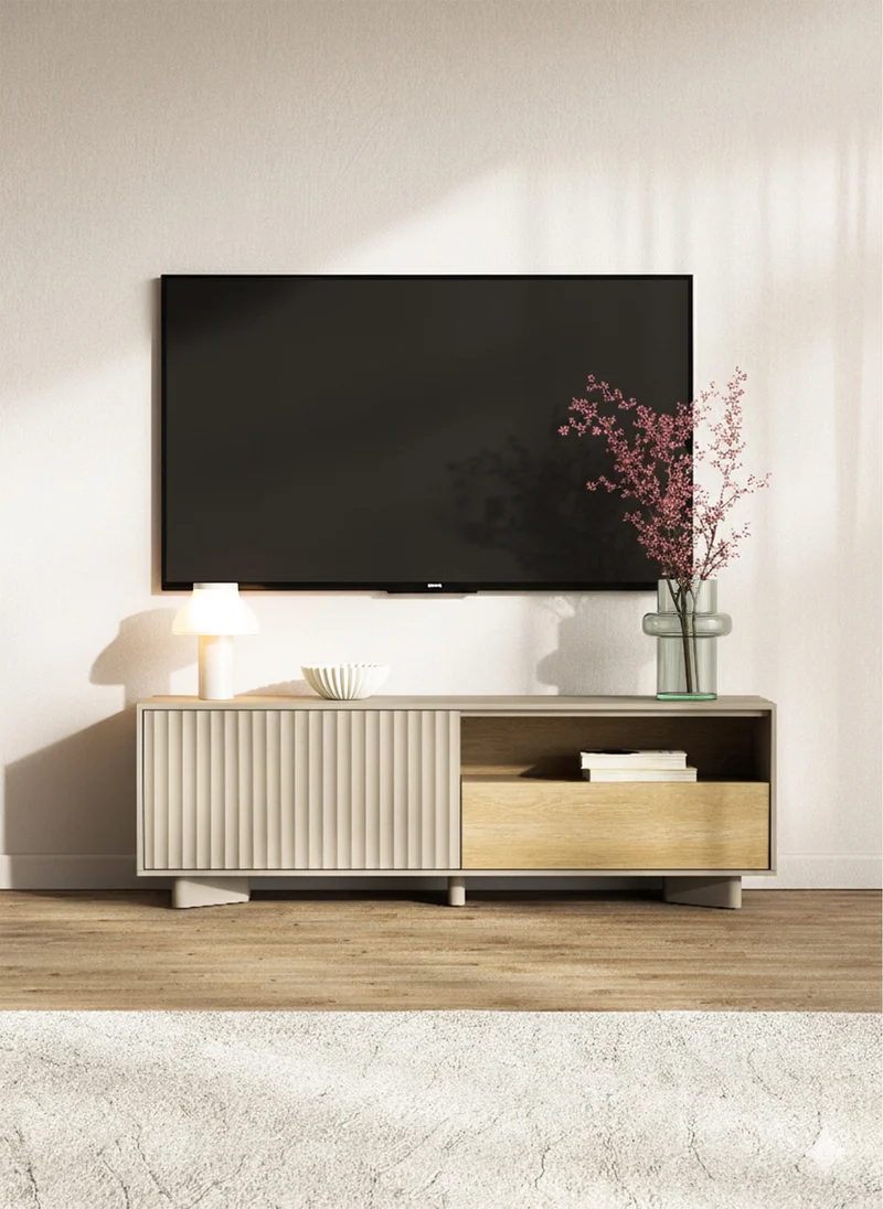 TV-Schrank Distria mit Schublade und geriffelter Front, 140 cm, Kaschmir/Vicenza-Eiche