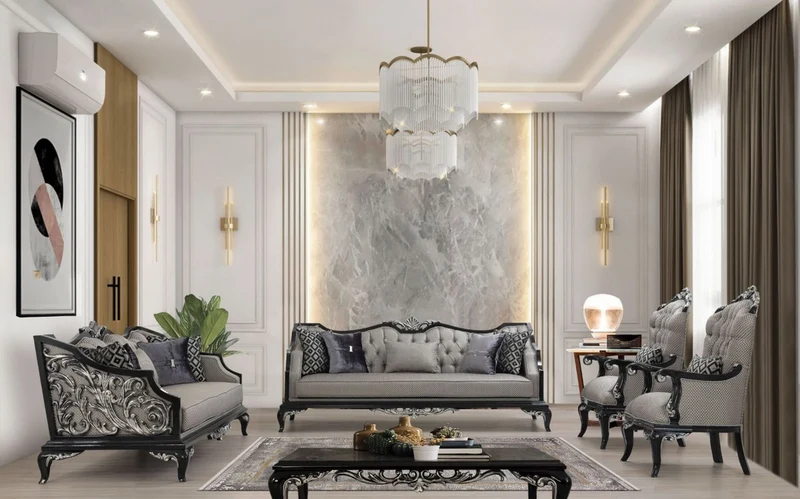 Casa Padrino Luxus Barock Wohnzimmer Set Silber / Schwarz - 2 Sofas & 2 Sessel & 1 Couchtisch - Handgefertigte Barock Wohnzimmer Möbel - Edel & Prunkvoll