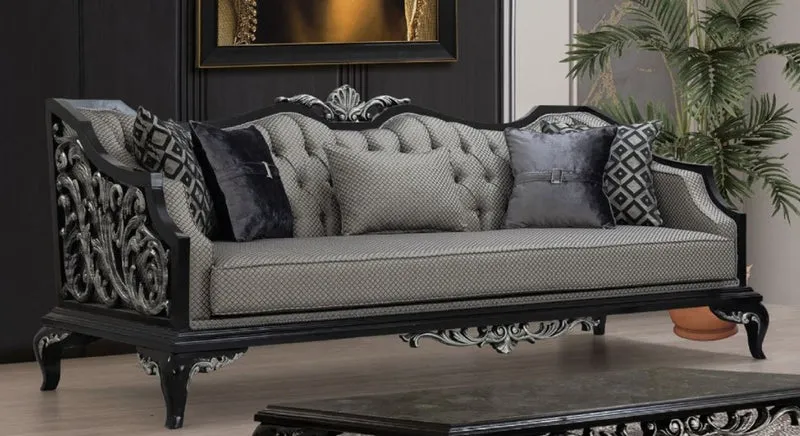 Casa Padrino Luxus Barock Wohnzimmer Set Silber / Schwarz - 2 Sofas & 2 Sessel & 1 Couchtisch - Handgefertigte Barock Wohnzimmer Möbel - Edel & Prunkvoll
