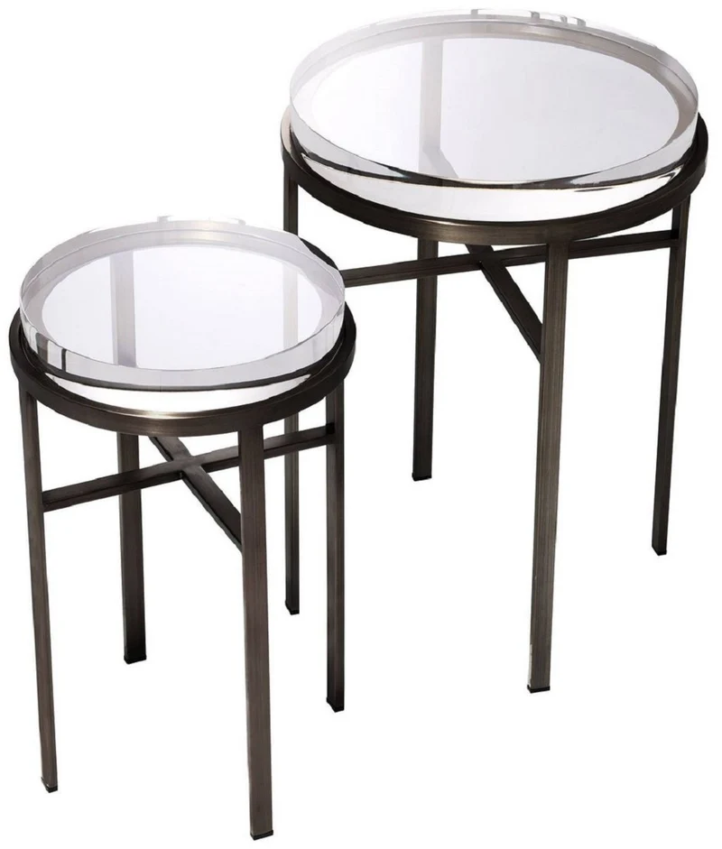 Casa Padrino Luxus Beistelltisch Set Bronzefarben - 2 Runde Edelstahl Tische mit Glasplatte - Luxus Wohnzimmer Möbel