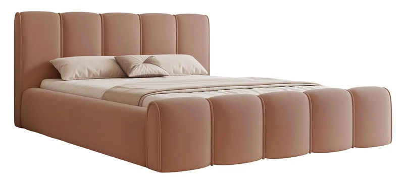 Polsterbett 140x200 cm Moenne mit Stauraum, Metallrahmen, lachsfarbener, wasserabweisender Samt