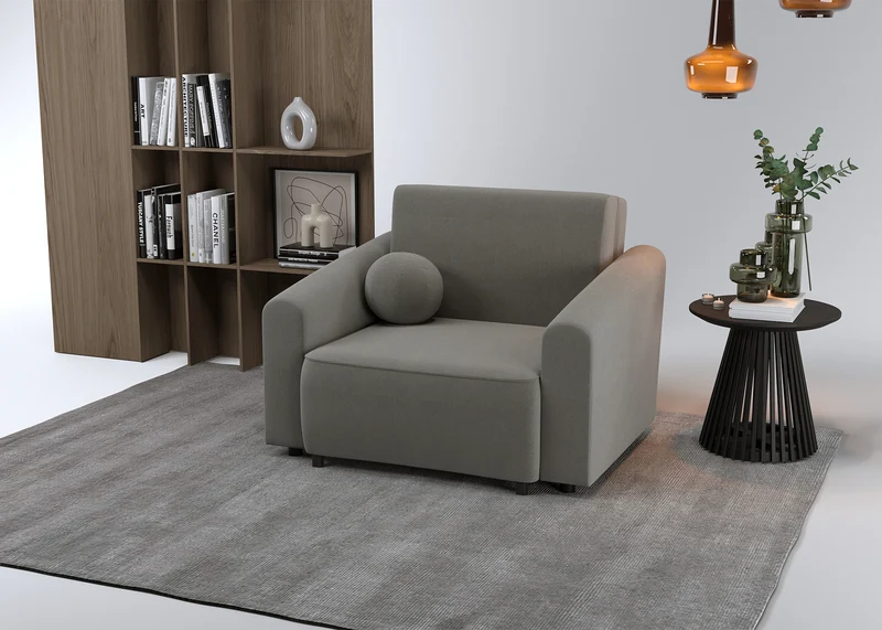 Klappbarer Sessel Stevio mit Stauraum, dunkelgrauer hydrophober Chenillestoff